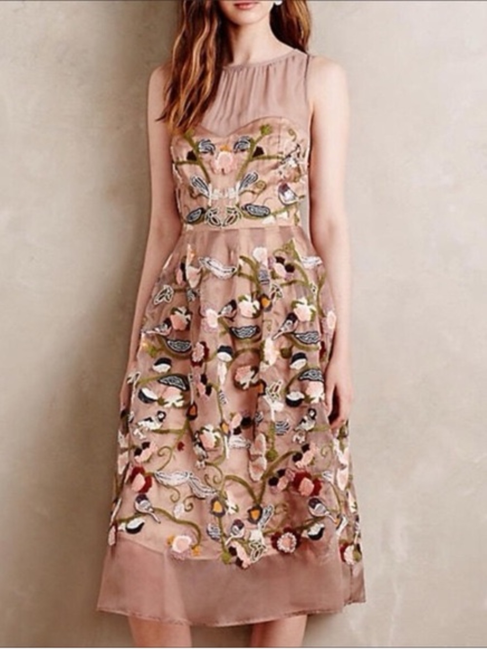 Anthropologie Moulinette Soeurs Novelette Embroidered Midi Dress Beaded Size 4